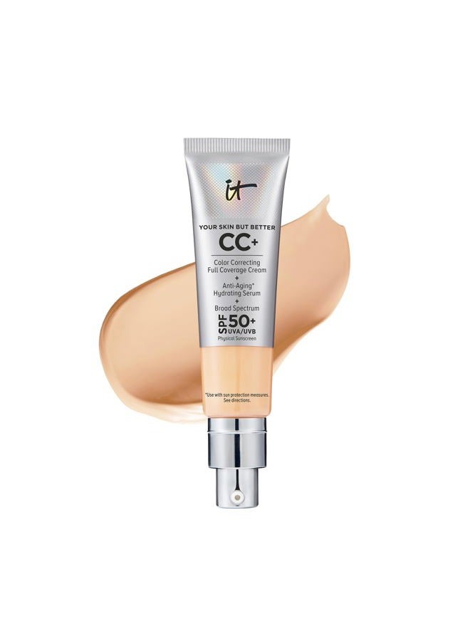 IT COSMETICS كريم CC+ الأفضل لبشرتك، لون متوسط فاتح (C) - كريم تصحيح اللون، أساس تغطية كاملة، سيروم مرطب وواقي شمس SPF 50+ - لمسة طبيعية - 1.08 أونصة سائلة - Image 1