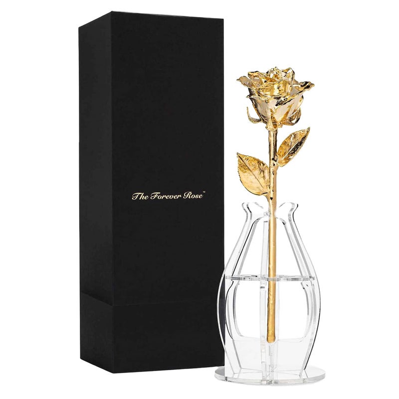 Forever Rose Bloom Box Bundle - a Genuine  One of a Kind  Real Rose Hand Dipped in Gold with Beautiful Phantom Vase and Blooming Box - Image 1
