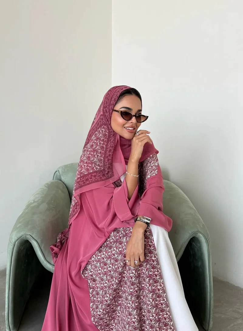 Lusin Abaya Pink Indian Silk Abaya with Floral-Print Front & Veil