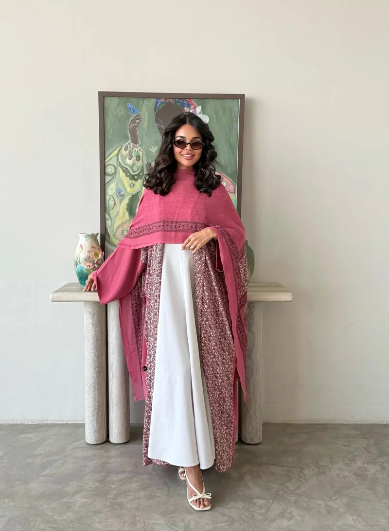 Lusin Abaya Pink Indian Silk Abaya with Floral-Print Front & Veil