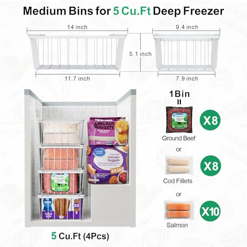 iSPECLE Freezer Organizer Bins - 4 Pack Stackable Chest Freezer Organizer for 5 Cu Ft Deep Freezer Sort Frozen Food, Deep Freezer Organizer Bins Easy to Get Food from Bottom without Digging, White - Image 2