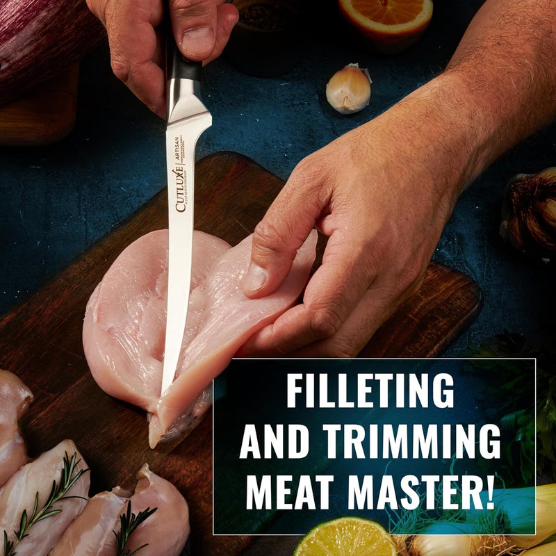 Cutluxe Fillet Knife for Fish & Meat – 7" Razor Sharp Boning Knife – Flexible High Carbon German Steel, Full Tang Ergonomic Handle Design, Grilling Gifts for Men – Artisan Series - Image 5