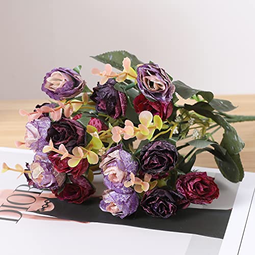 Duovlo 7 Branch 21 Mini Rose Heads Artificial Flowers Bouquet Wedding Home Office Decor,Pack of 2 (2 PCS Purple) - Image 3