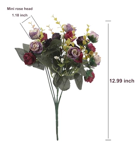 Duovlo 7 Branch 21 Mini Rose Heads Artificial Flowers Bouquet Wedding Home Office Decor,Pack of 2 (2 PCS Purple) - Image 2