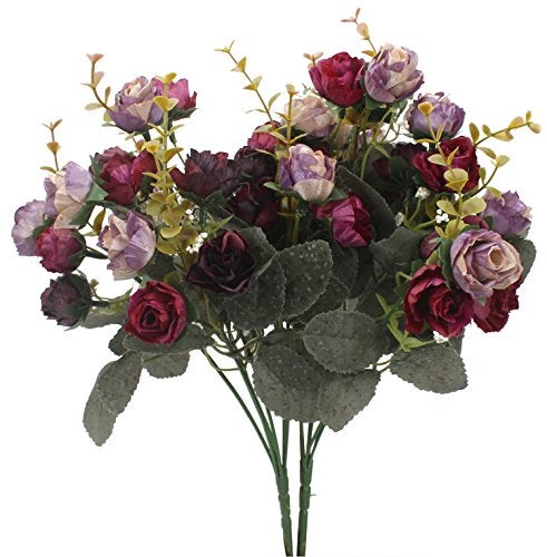 Duovlo 7 Branch 21 Mini Rose Heads Artificial Flowers Bouquet Wedding Home Office Decor,Pack of 2 (2 PCS Purple) - Image 1