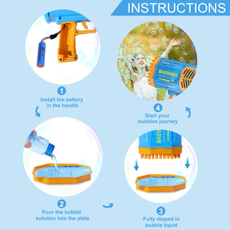 DESERT HOME Bubble Gun  Bazooka Bubble Machine Gun  Bubble Blaster Gun With Bubble Solution  69 Holes Bubble Bazooka Gun Outdoor Summer Toy Gifts Party Favors For Kids Blue Bubble Maker Blowers - Image 4