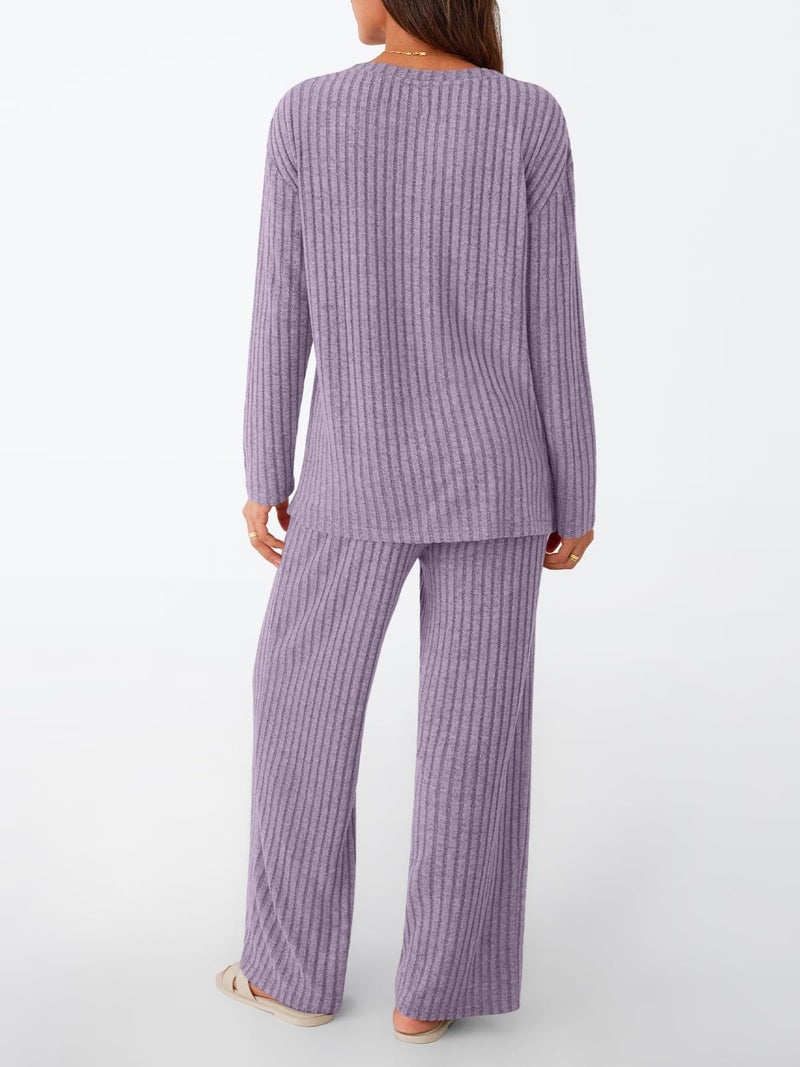 LILLUSORY Womens Lounge Sets 2 Piece Matching Pajamas Fall Fashion 2026 Ribbed Knit Outfits Long Sleeve Casual Sweatsuits Trendy Plus Size Sweaters Cute Sleep Wears Travel Soft Clothes Purple XL - Image 4