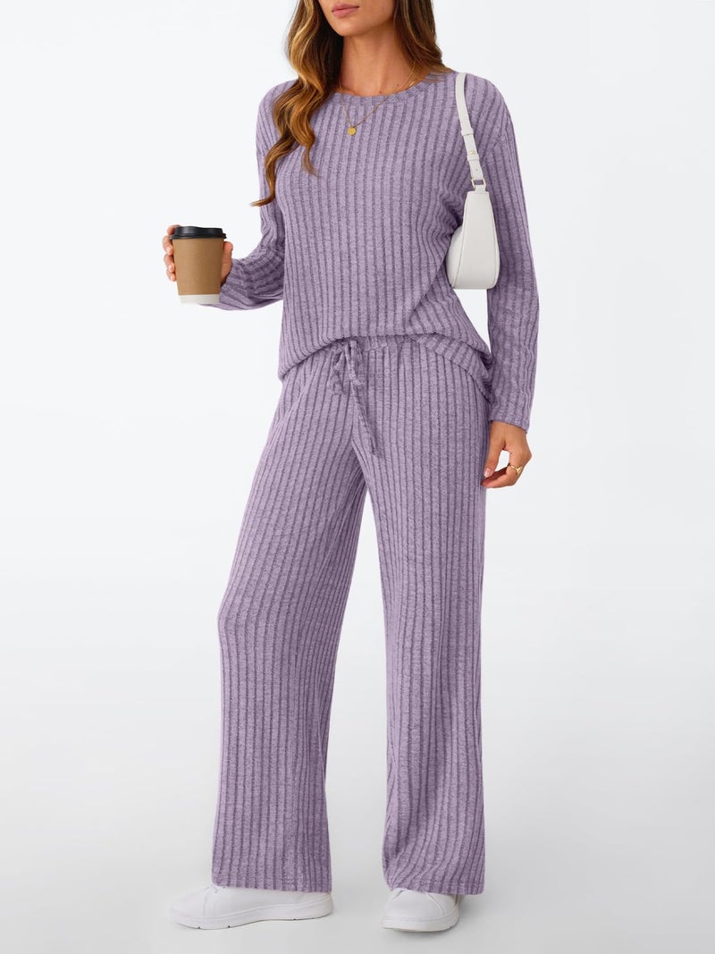 LILLUSORY Womens Lounge Sets 2 Piece Matching Pajamas Fall Fashion 2026 Ribbed Knit Outfits Long Sleeve Casual Sweatsuits Trendy Plus Size Sweaters Cute Sleep Wears Travel Soft Clothes Purple XL - Image 3