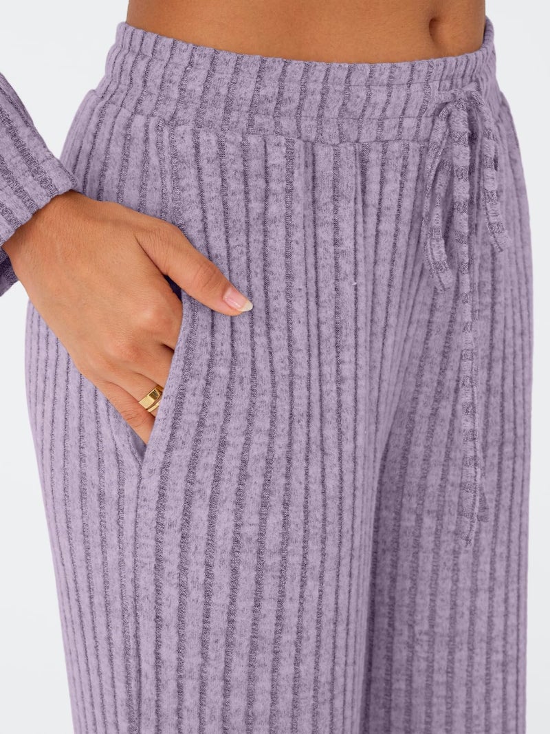 LILLUSORY Womens Lounge Sets 2 Piece Matching Pajamas Fall Fashion 2026 Ribbed Knit Outfits Long Sleeve Casual Sweatsuits Trendy Plus Size Sweaters Cute Sleep Wears Travel Soft Clothes Purple XL - Image 5