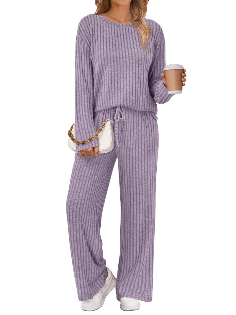 LILLUSORY Womens Lounge Sets 2 Piece Matching Pajamas Fall Fashion 2026 Ribbed Knit Outfits Long Sleeve Casual Sweatsuits Trendy Plus Size Sweaters Cute Sleep Wears Travel Soft Clothes Purple XL - Image 1
