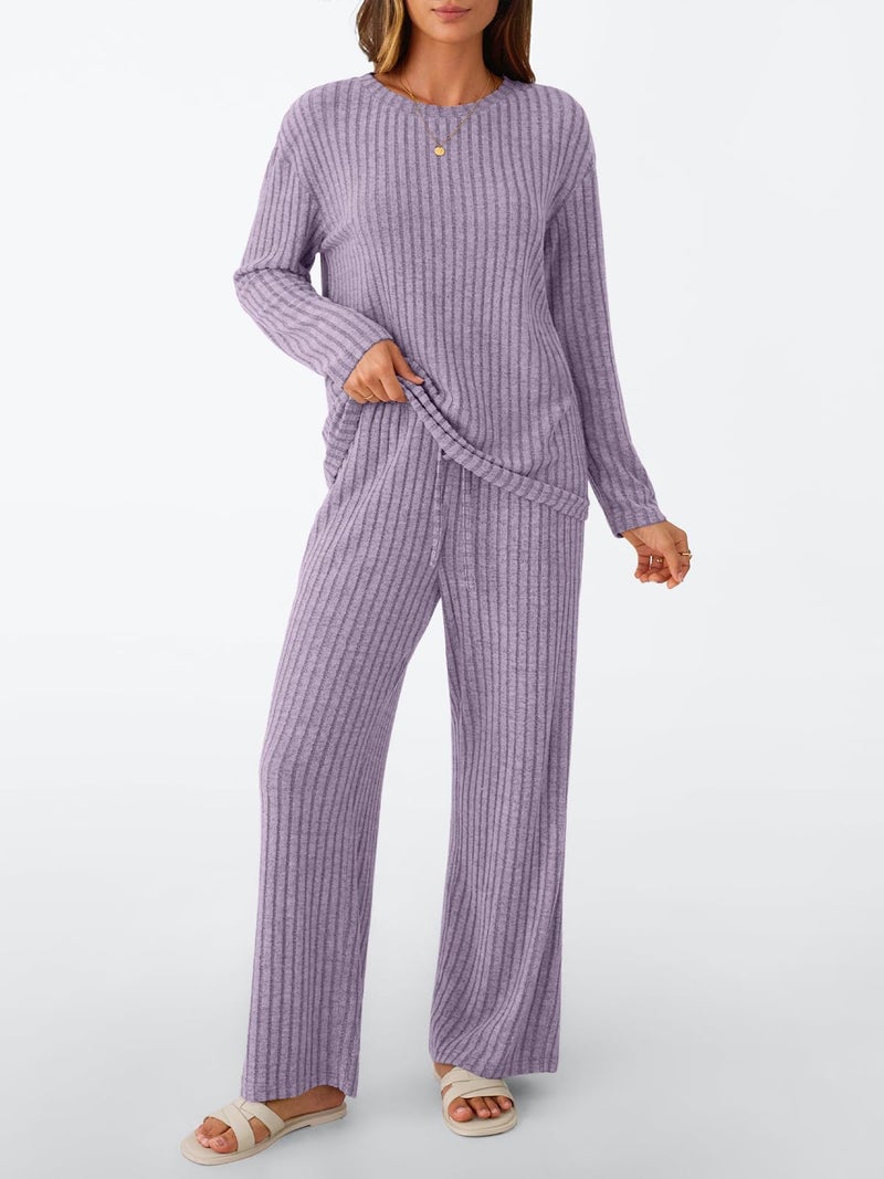 LILLUSORY Womens Lounge Sets 2 Piece Matching Pajamas Fall Fashion 2026 Ribbed Knit Outfits Long Sleeve Casual Sweatsuits Trendy Plus Size Sweaters Cute Sleep Wears Travel Soft Clothes Purple XL - Image 2