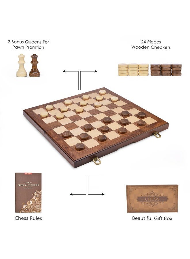 AMEROUS Wooden Chess & Checkers Set with Upgraded Weighted Chess Pieces, 15 Inches (2 in 1) Chess Board Games for Kids, Adults w/ 2 Extra Queens / 24 Cherkers Pieces/Gift Package - Image 5