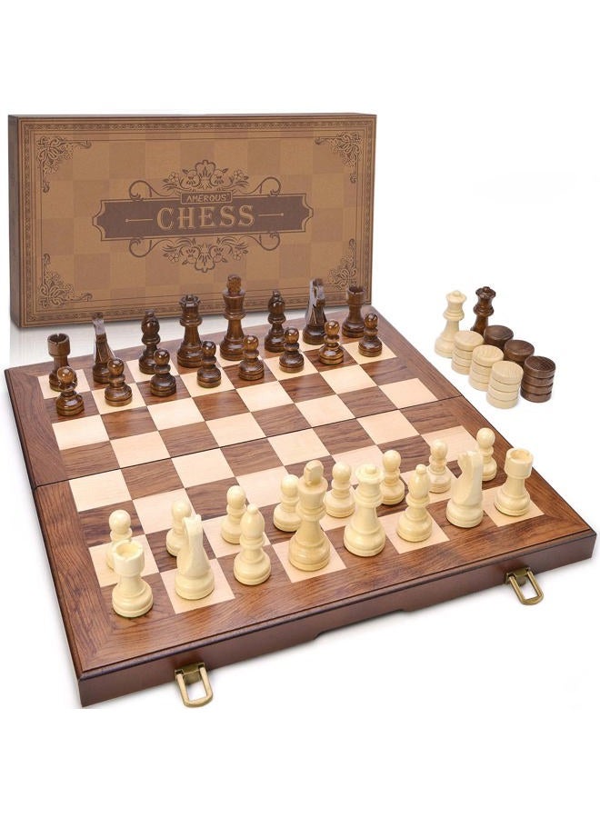 AMEROUS Wooden Chess & Checkers Set with Upgraded Weighted Chess Pieces, 15 Inches (2 in 1) Chess Board Games for Kids, Adults w/ 2 Extra Queens / 24 Cherkers Pieces/Gift Package - Image 1