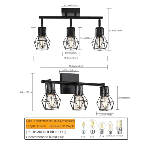BANGANMA 3 Light Track Lighting Fixtures Ceiling，Black Flush Mount Ceiling Light with E26 Lamp Head, Industrial Black Kitchen Track Lighting for Kitchen, Living Room, Dining Room, Hallway - Image 2