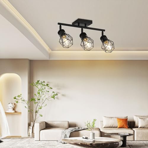 BANGANMA 3 Light Track Lighting Fixtures Ceiling，Black Flush Mount Ceiling Light with E26 Lamp Head, Industrial Black Kitchen Track Lighting for Kitchen, Living Room, Dining Room, Hallway - Image 5