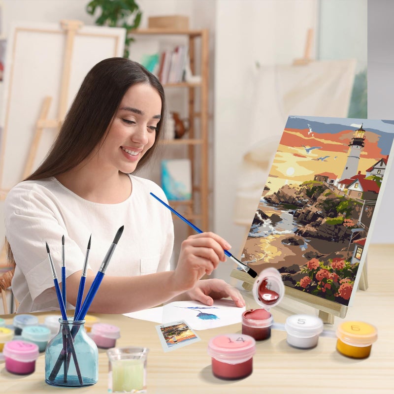 JOOZ Lighthouse Paint by Number for Adults, Paint by Numbers Kit for Adults with Frame, DIY Seaside Paint by Numbers Kits for Adults on Canvas, Sunset Oil Painting Kit for Home Wall Decor 8 x 12 in - Image 3