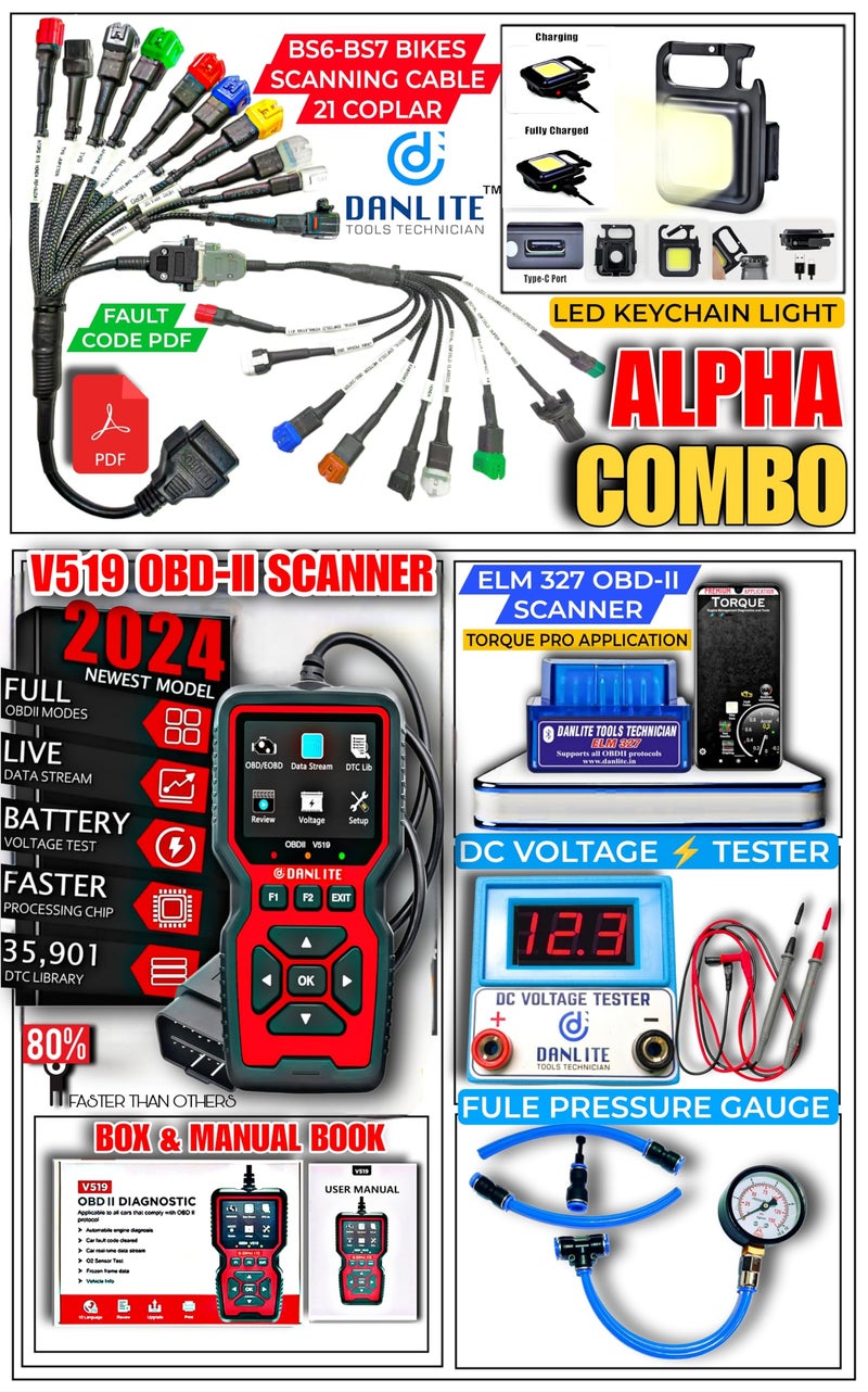 DANLITE TOOLS TECHNICIAN V519 OBD-II Scanner with BS6 BS7 Bike Scanning 21 Coplar Cableb Hero Suzuki Yamaha KTM with ELM 327 Dual Scanner Kit OBD-II Diagnostic Tools [New Update Bikes] - Image 1
