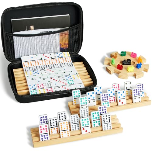 ELONGDI Mexican Train Double 12 Dominoes Set with 4 Wooden TraysRacks in Portable Carrying Case Colorful 91 Tiles 9 Trains Board Game for Family Game Night - Image 1