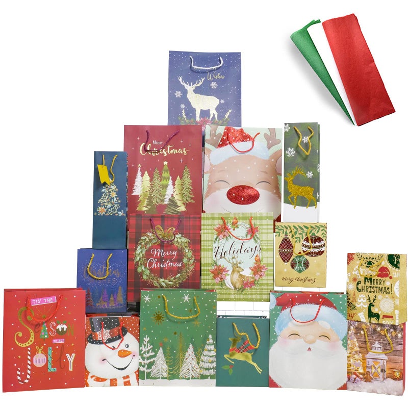 Smarimple Christmas Gift Bags 16 PCS Christmas Bags Bulk Assorted Sizes with Handles and 12 Sheet Tissue Papers 16 Holiday Designs 3 Jumbo 5 Large 6 Medium 2 Wine Bags for Xmas Holiday Present - Image 2