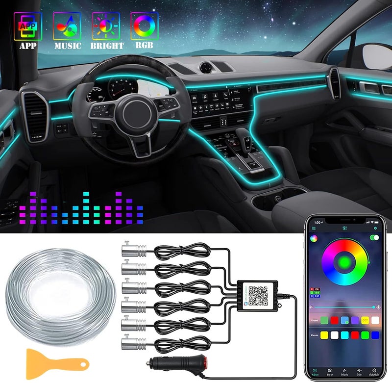 DEHERANE Interior Car LED Strip Lights, RGB 6 in 1 Ambient Lighting Kits with 315 inches Fiber Optic, 16 Million Colors APP Wireless Bluetooth Control Car Neon Lights, with Music Sync Function - Image 1