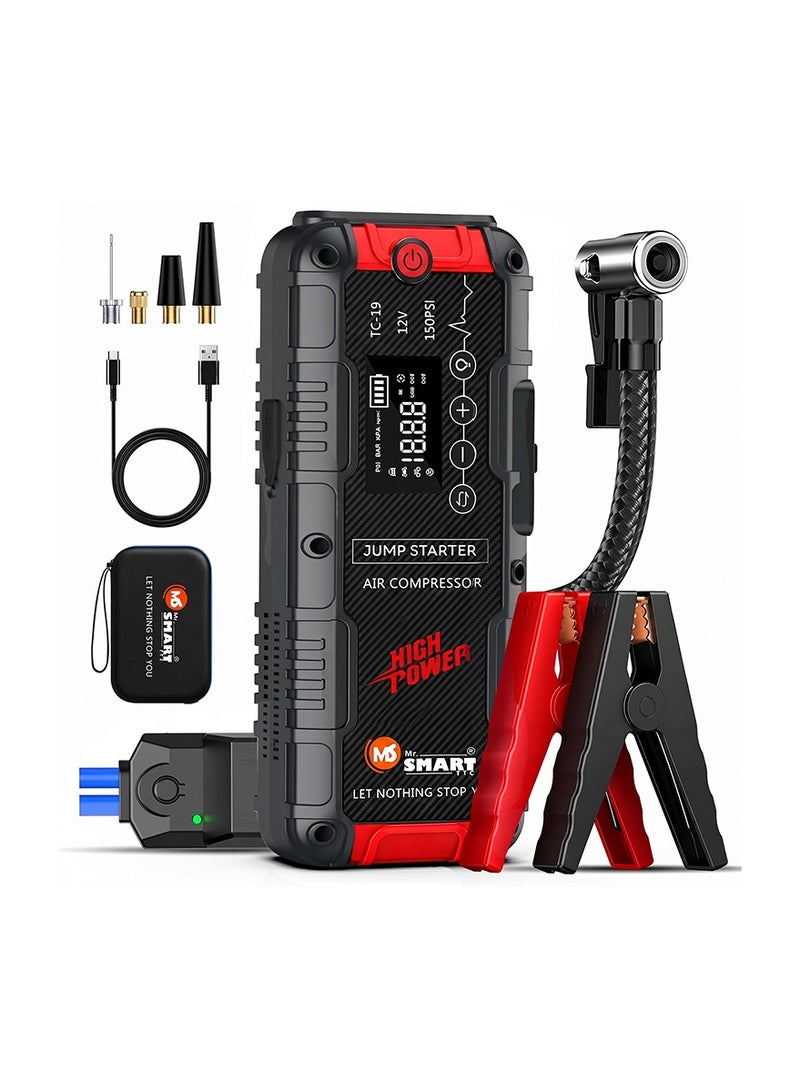 مستر سمارت العنوان  MR.SMART TC-19 جهاز تشغيل بطارية السيارة مع منفاخ هواء مدمج 160 PSI، بطارية 10000mAh، شاحن متنقل، شاشة رقمية LCD، مناسب للسيارات والدراجات النارية وسيارات الدفع الرباعي - Image 1