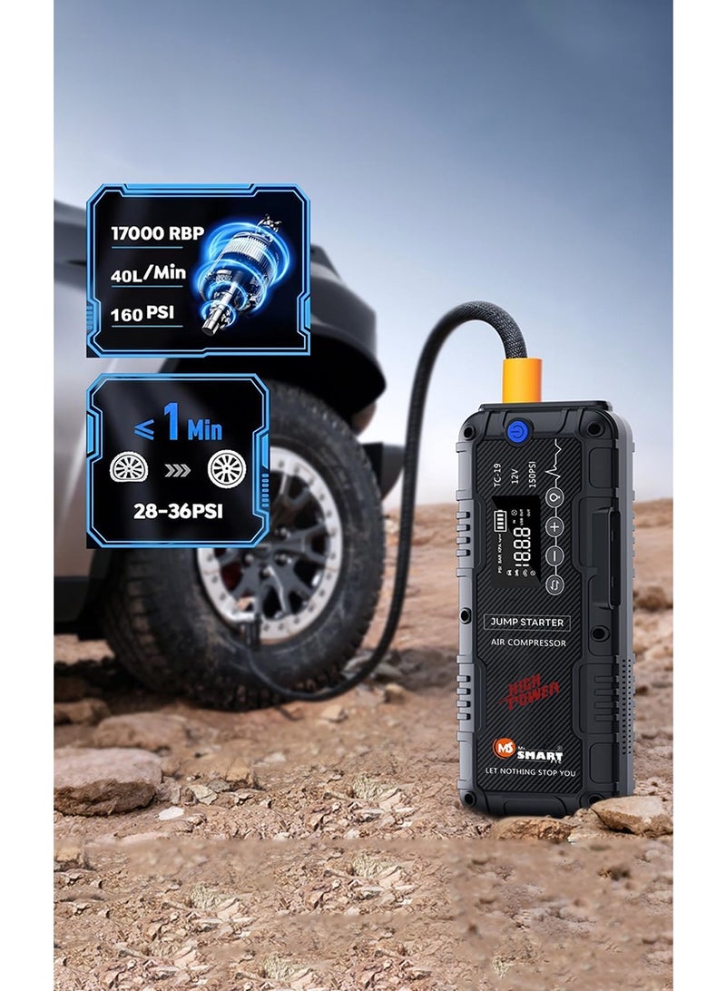 مستر سمارت العنوان  MR.SMART TC-19 جهاز تشغيل بطارية السيارة مع منفاخ هواء مدمج 160 PSI، بطارية 10000mAh، شاحن متنقل، شاشة رقمية LCD، مناسب للسيارات والدراجات النارية وسيارات الدفع الرباعي - Image 4