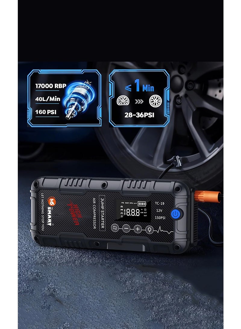 مستر سمارت العنوان  MR.SMART TC-19 جهاز تشغيل بطارية السيارة مع منفاخ هواء مدمج 160 PSI، بطارية 10000mAh، شاحن متنقل، شاشة رقمية LCD، مناسب للسيارات والدراجات النارية وسيارات الدفع الرباعي - Image 5