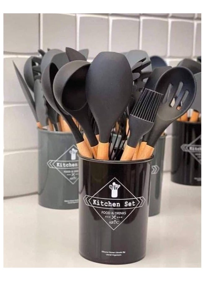 Generic 12-Piece Silicone Cooking Utensil Set with Storage Bucket, Heat Resistant Kitchen Tools with Natural Wood Handles, Non-Stick Cookware Set with Hooks (Multi-Color)  - Image 3