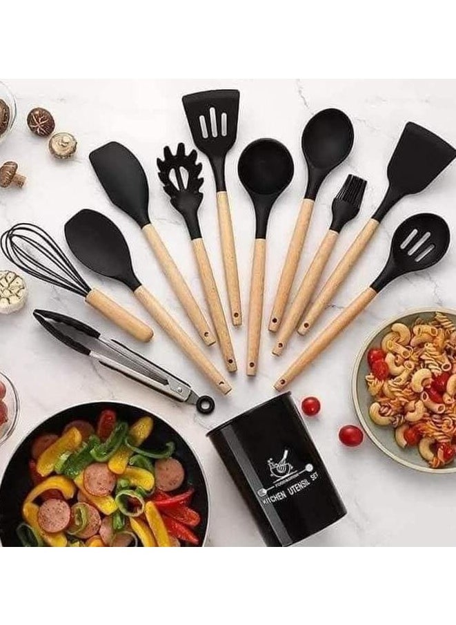 Generic 12-Piece Silicone Cooking Utensil Set with Storage Bucket, Heat Resistant Kitchen Tools with Natural Wood Handles, Non-Stick Cookware Set with Hooks (Multi-Color)  - Image 1