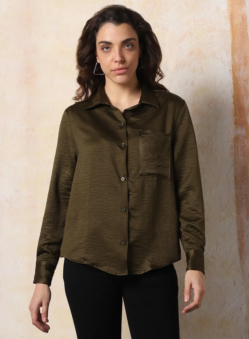 Women's Dark Olive 100% Polyester Solid Pattern Button Down Boxy Shirt