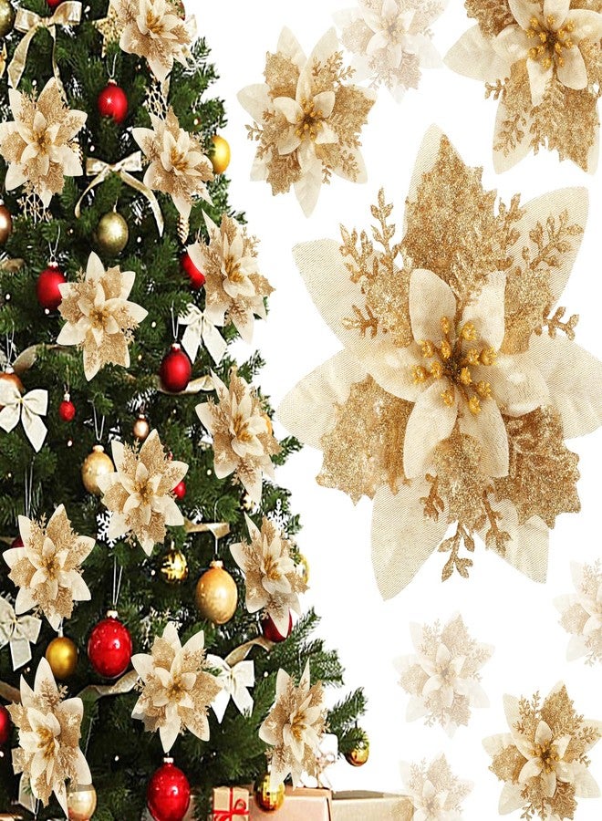 WONICE Poinsettia Christmas Flowers Decoration -12Pcs Artificial Red Gold Poinsettia Christmas Tree Ornaments Glittery for Xmas New Year Wedding Party Wreath DIY Garland Decor (Gold) - Image 1