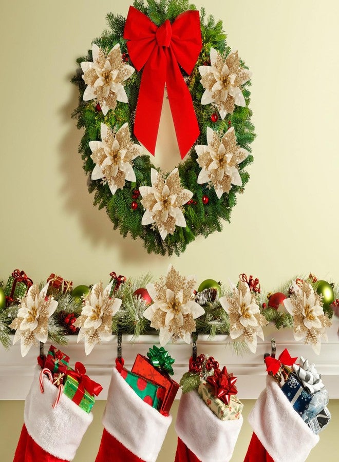 WONICE Poinsettia Christmas Flowers Decoration -12Pcs Artificial Red Gold Poinsettia Christmas Tree Ornaments Glittery for Xmas New Year Wedding Party Wreath DIY Garland Decor (Gold) - Image 2