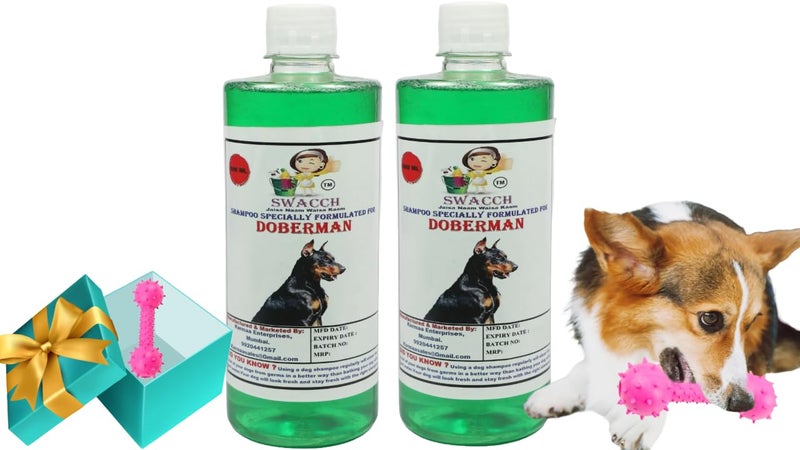 swacch Doberman Dog Shampoo + Dumbbell Toy I Durable Rubber Dog Toy for Chewing I Playing,Teeth Cleaning & Training Toy I Combo Pack I 500ml Pack of 2 Neem Alovera - Image 1