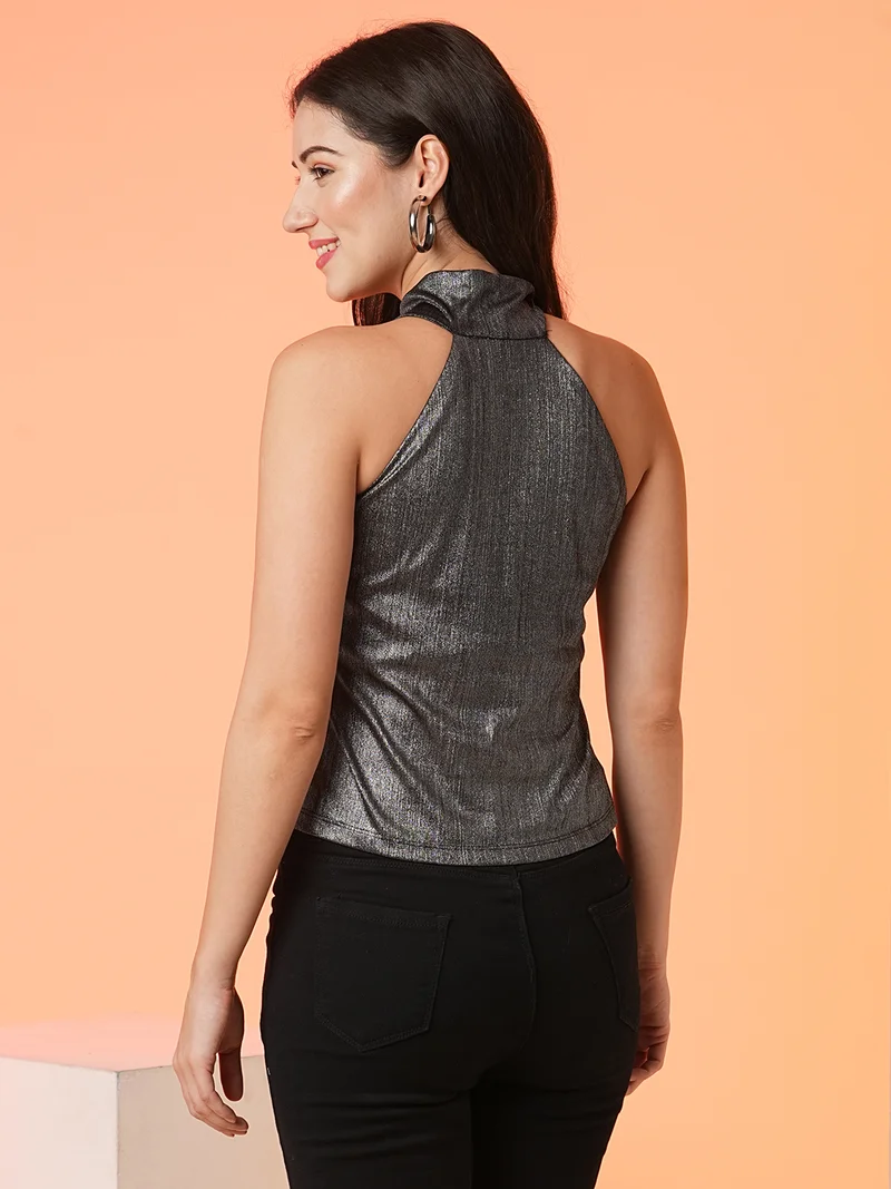globus Women Shimmer Sleeveless Halter Neck Top