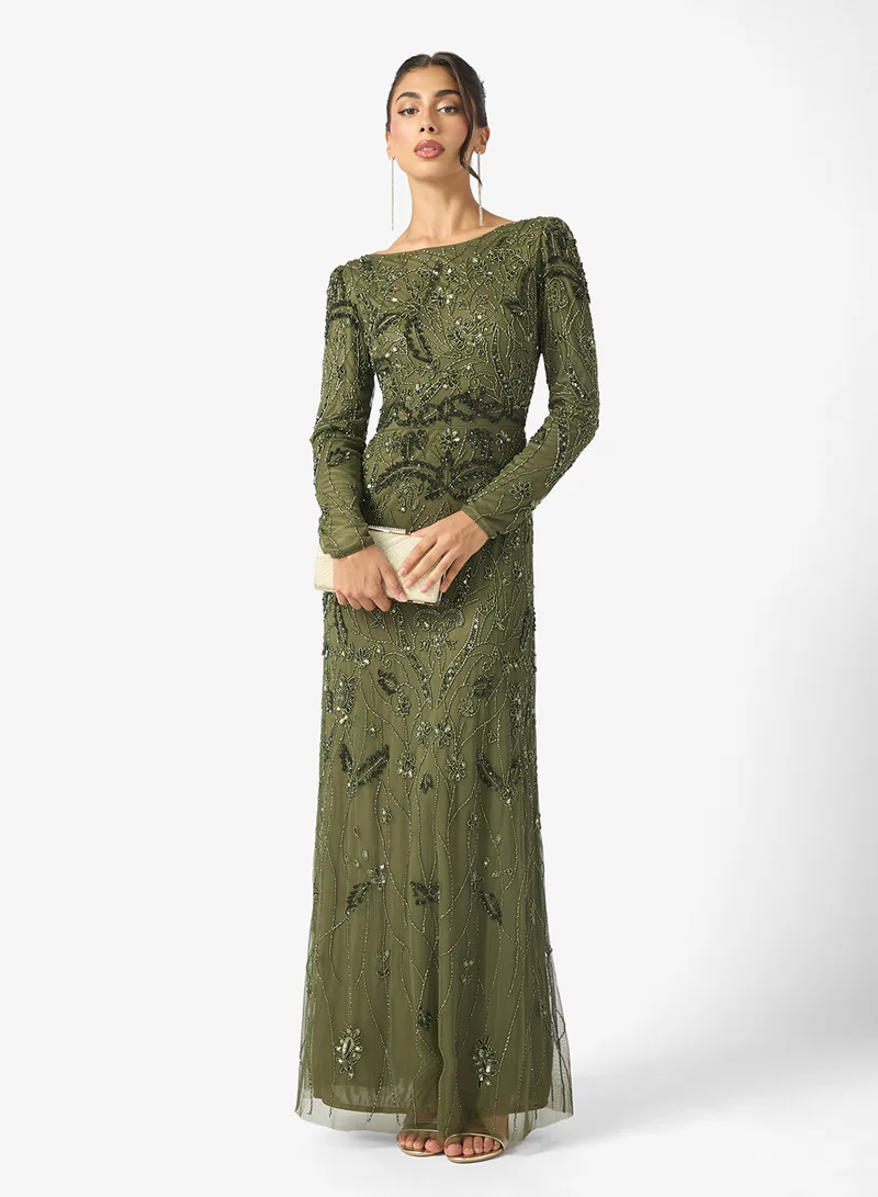 MARYISA Elina Modest Embellished Sequin Scoop Neck Long Sleeve Maxi Dress