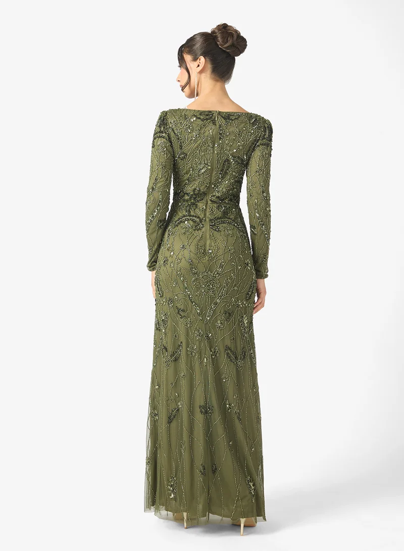 MARYISA Elina Modest Embellished Sequin Scoop Neck Long Sleeve Maxi Dress