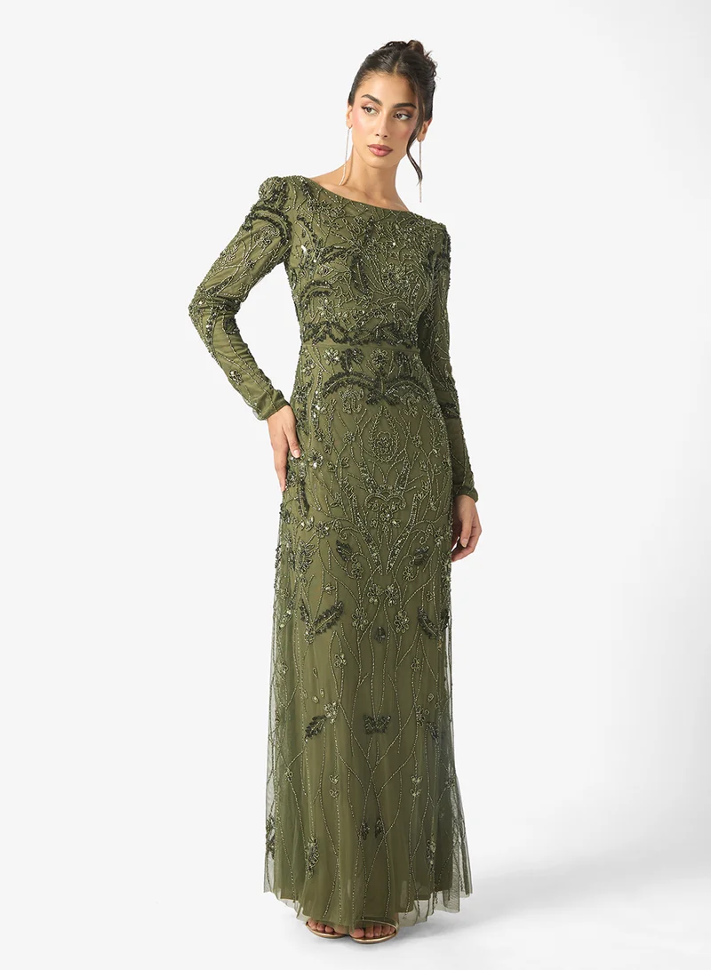 MARYISA Elina Modest Embellished Sequin Scoop Neck Long Sleeve Maxi Dress