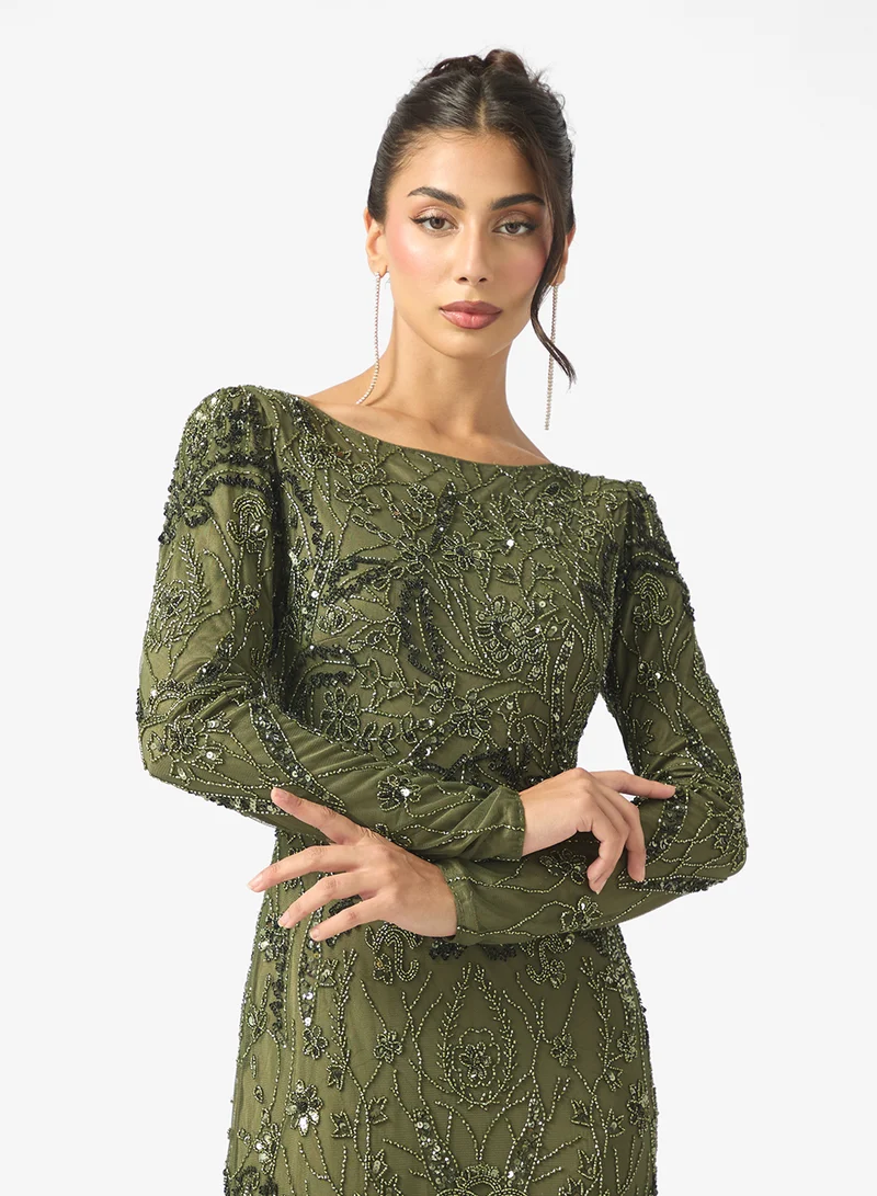 MARYISA Elina Modest Embellished Sequin Scoop Neck Long Sleeve Maxi Dress