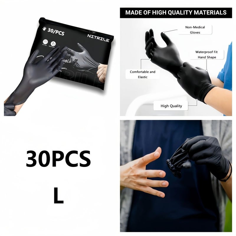 High Elasticity Black Nitrile Gloves 30pcs L Size Disposable For Tattoo Nail Hair Dye - Image 1