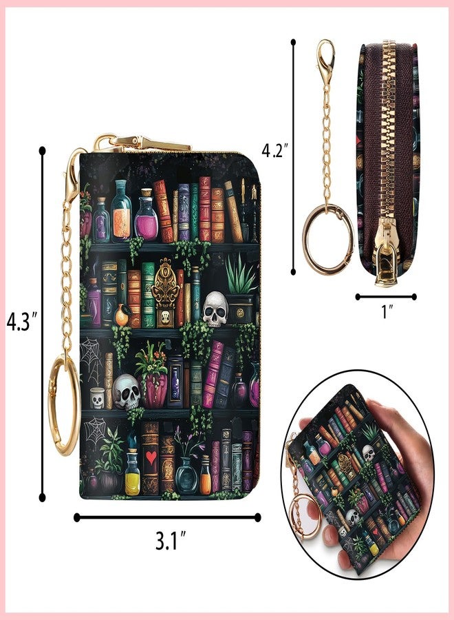 Blusabaca RFID Credit Card Holder Wallets for Women, Small Card Case Wallet with Removable Keychain and Zipper, Leather Card Holder Pocket Business Card Accordion Wallet, Bookshelf and Skull, Small - Image 4