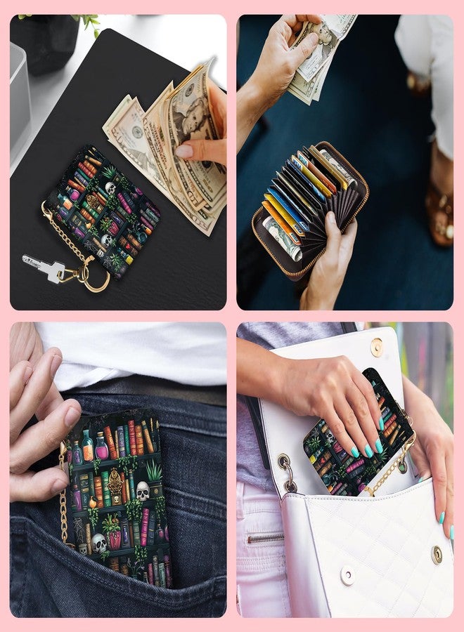 Blusabaca RFID Credit Card Holder Wallets for Women, Small Card Case Wallet with Removable Keychain and Zipper, Leather Card Holder Pocket Business Card Accordion Wallet, Bookshelf and Skull, Small - Image 3