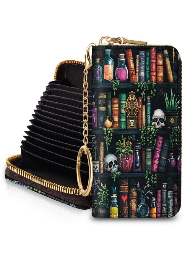 Blusabaca RFID Credit Card Holder Wallets for Women, Small Card Case Wallet with Removable Keychain and Zipper, Leather Card Holder Pocket Business Card Accordion Wallet, Bookshelf and Skull, Small - Image 1