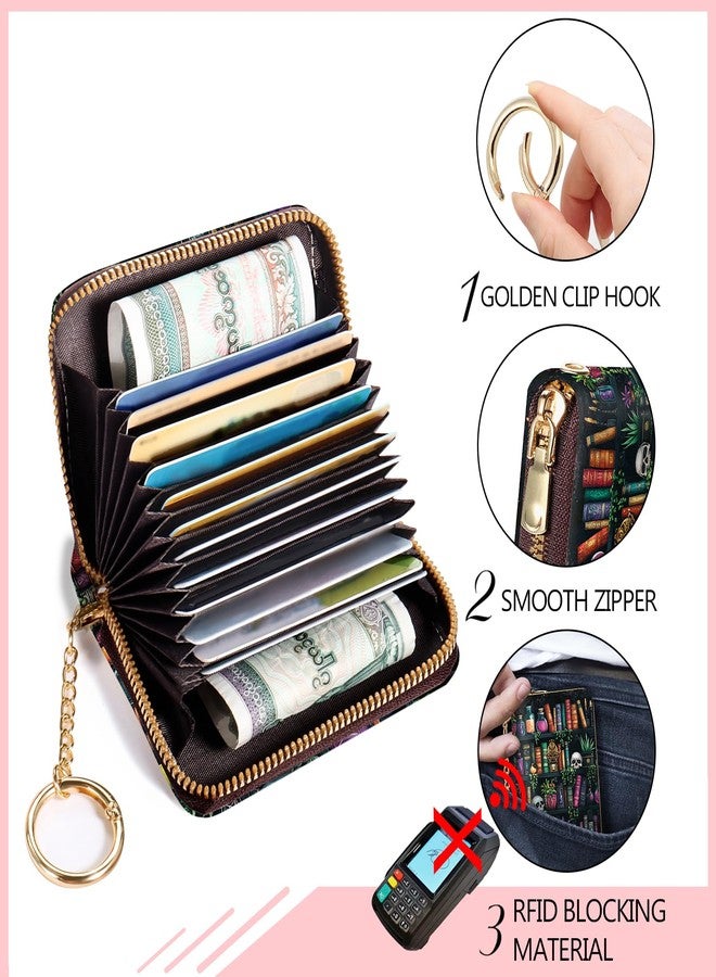 Blusabaca RFID Credit Card Holder Wallets for Women, Small Card Case Wallet with Removable Keychain and Zipper, Leather Card Holder Pocket Business Card Accordion Wallet, Bookshelf and Skull, Small - Image 5