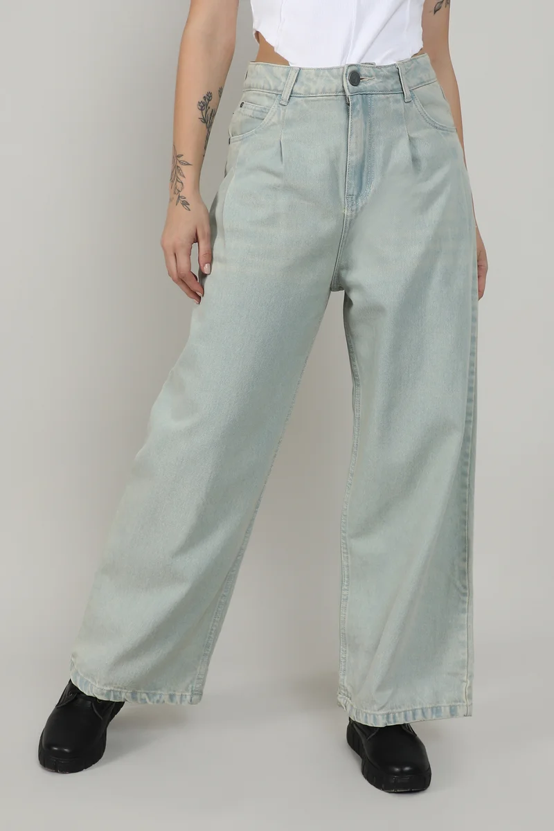 Campus Sutra Women's Icy Blue Pleated Baggy Denim Jeans