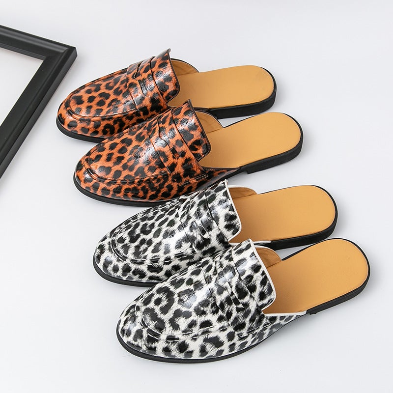 Men'S Slip-On Loafers Size 46 Large Half-Slip Leather Shoes Trendy Leopard Print Heelless Leather Shoes - Image 2