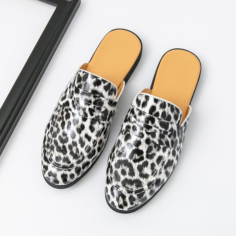 Men'S Slip-On Loafers Size 46 Large Half-Slip Leather Shoes Trendy Leopard Print Heelless Leather Shoes - Image 5