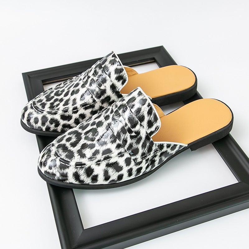 Men'S Slip-On Loafers Size 46 Large Half-Slip Leather Shoes Trendy Leopard Print Heelless Leather Shoes - Image 1