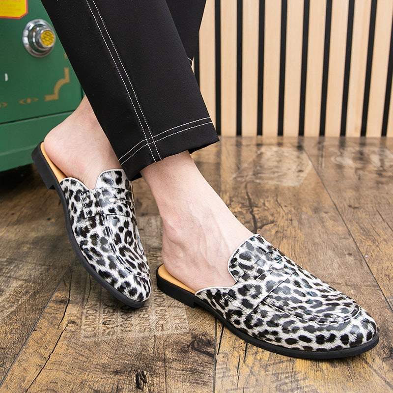 Men'S Slip-On Loafers Size 46 Large Half-Slip Leather Shoes Trendy Leopard Print Heelless Leather Shoes - Image 3