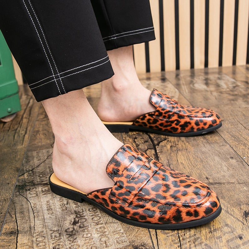 Men'S Slip-On Loafers Size 46 Large Half-Slip Leather Shoes Trendy Leopard Print Heelless Leather Shoes - Image 4