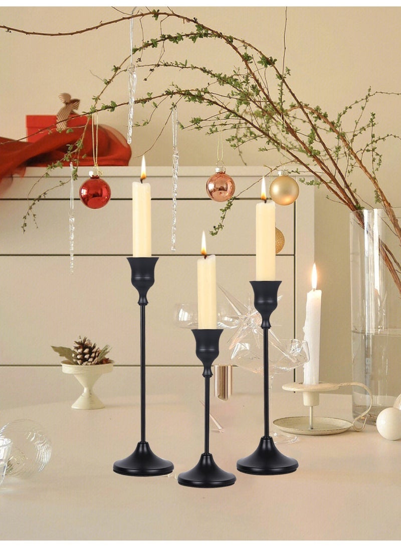 مجموعة من 3 حاملات شموع سوداء غير لامعة، حامل شموع مخروطي الشكل، حاملات شموع معدنية زخرفية عتيقة، قطع مركزية لرفوف الطاولات، ديكورات احتفالية، هدايا - Image 4